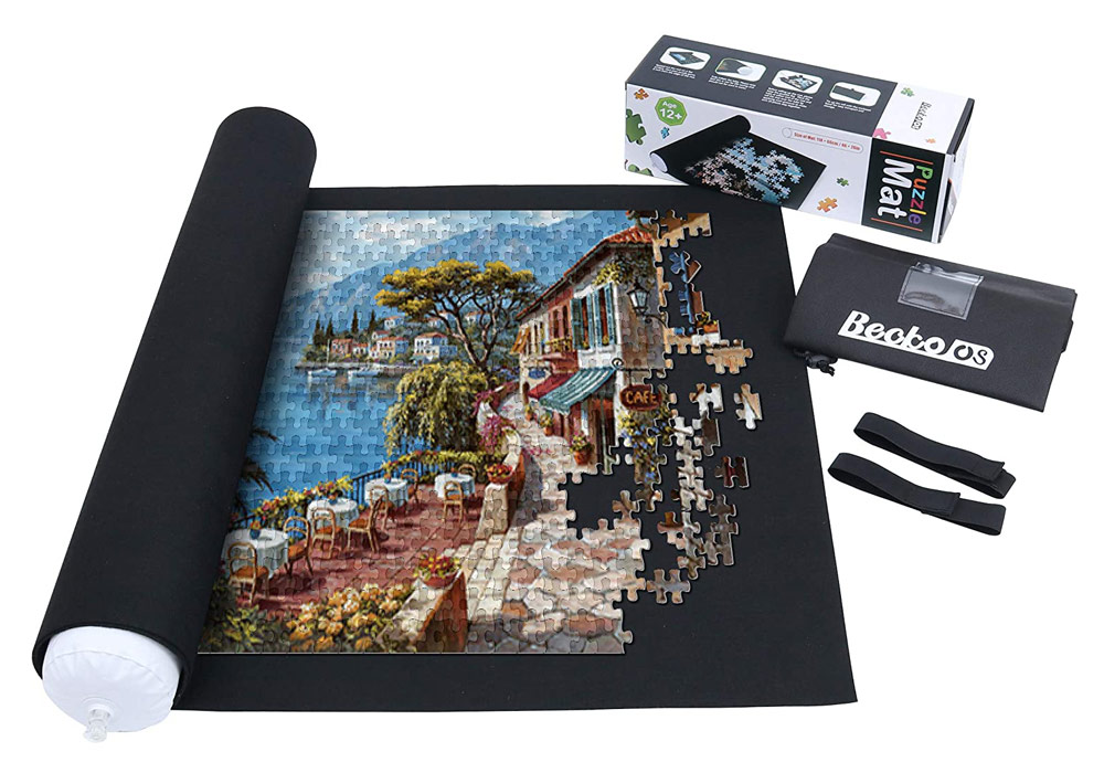 Roll up your puzzle mat for puzzling on the go